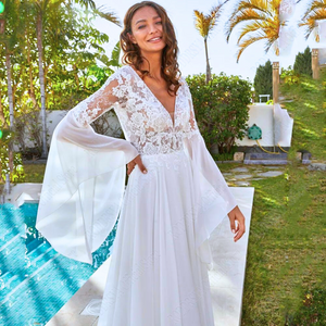 Beach Wedding Dress-Long Sleeve Chiffon Beach Wedding Dress | Wedding Dresses