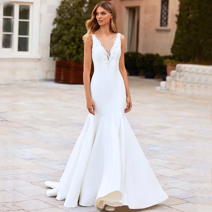 Simple Wedding Dress-Mermaid Backless V Neck Wedding Dress | Wedding Dresses