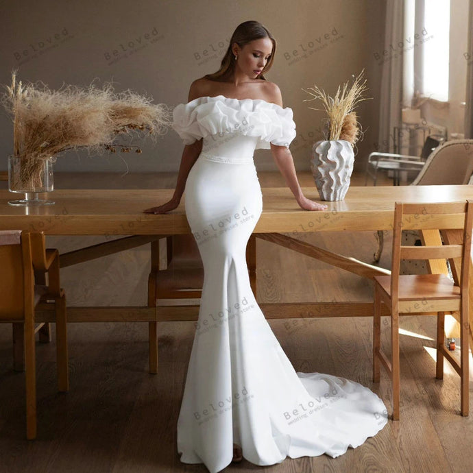 Mermaid Wedding Dress-Off Shoulder Satin Bridal Gown. | Wedding Dresses