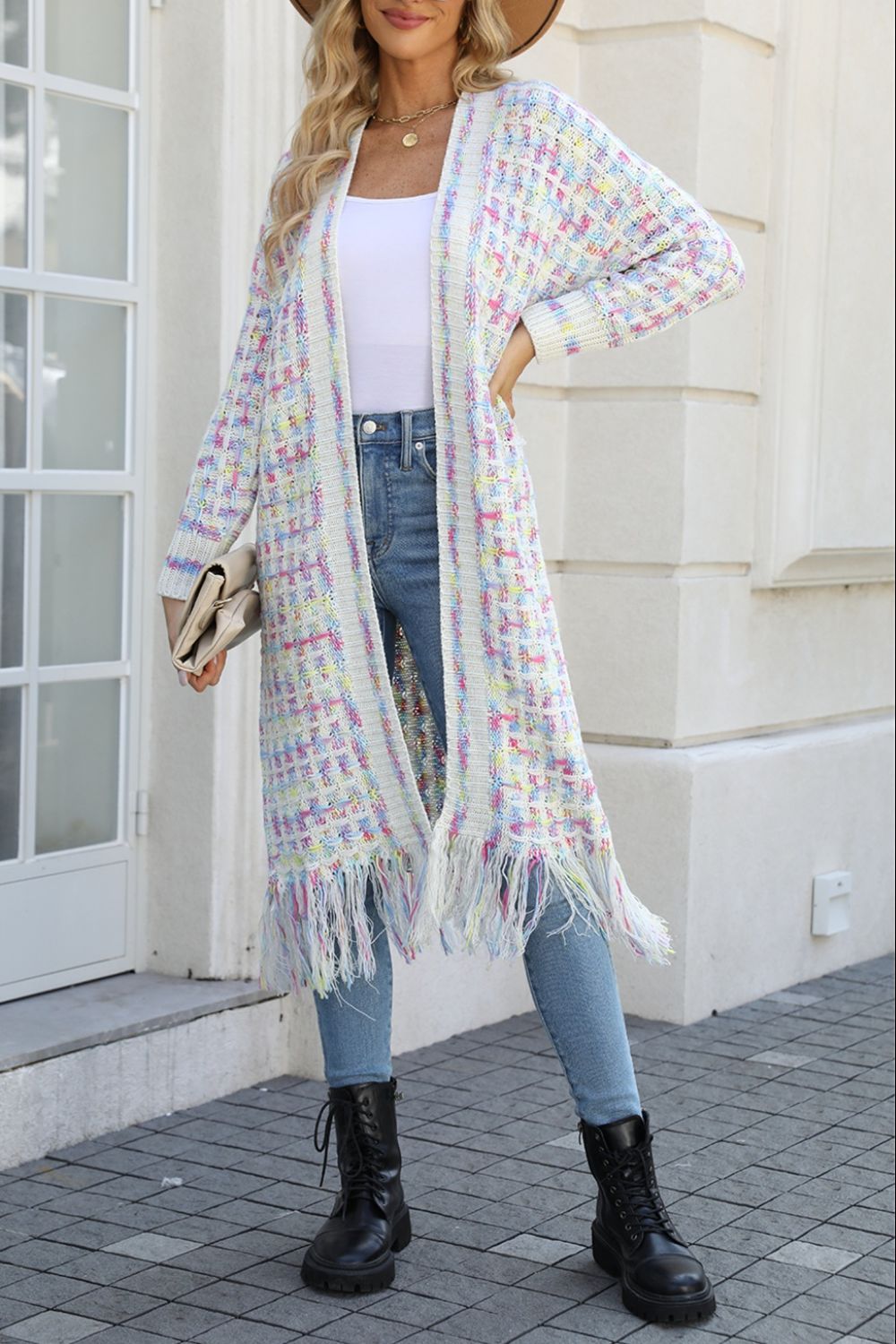 Womens Sweater-Multicolored Open Front Fringe Hem Cardigan | Coat & Jacket & Cardigan