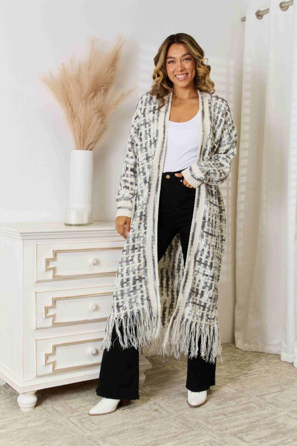 Womens Sweater-Multicolored Open Front Fringe Hem Cardigan | Coat & Jacket & Cardigan