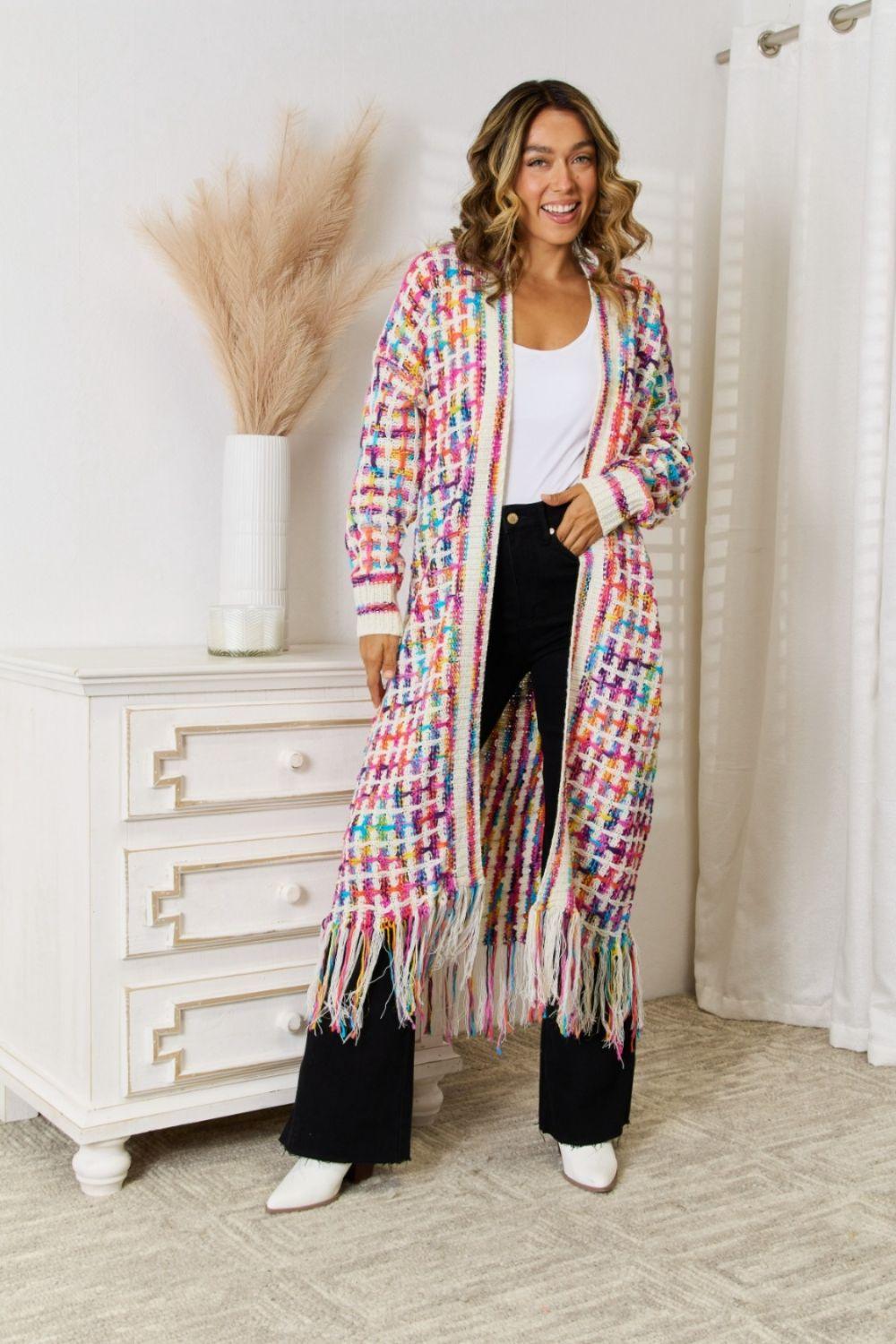 Womens Sweater-Multicolored Open Front Fringe Hem Cardigan | Coat & Jacket & Cardigan