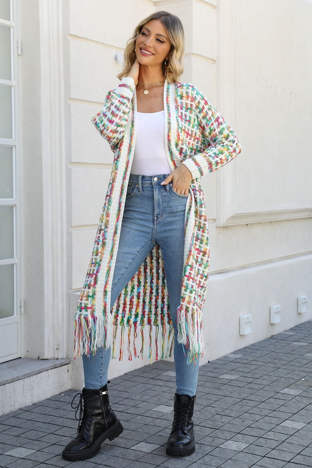 Womens Sweater-Multicolored Open Front Fringe Hem Cardigan | Coat & Jacket & Cardigan