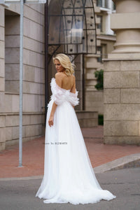 Off the Shoulder Wedding Dress-A Line V Neck Lace Bridal Gown