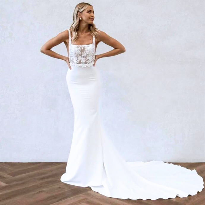 Simple Sexy Mermaid Wedding Dress-Square Collar Spaghetti Straps Broke Girl Philanthropy