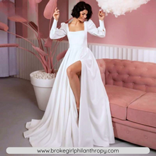 Load image into Gallery viewer, Satin Wedding Dress-Square Collar High Split Puff Sleeves | Wedding Dresses
