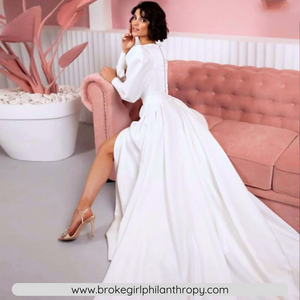 Satin Wedding Dress-Square Collar High Split Puff Sleeves | Wedding Dresses