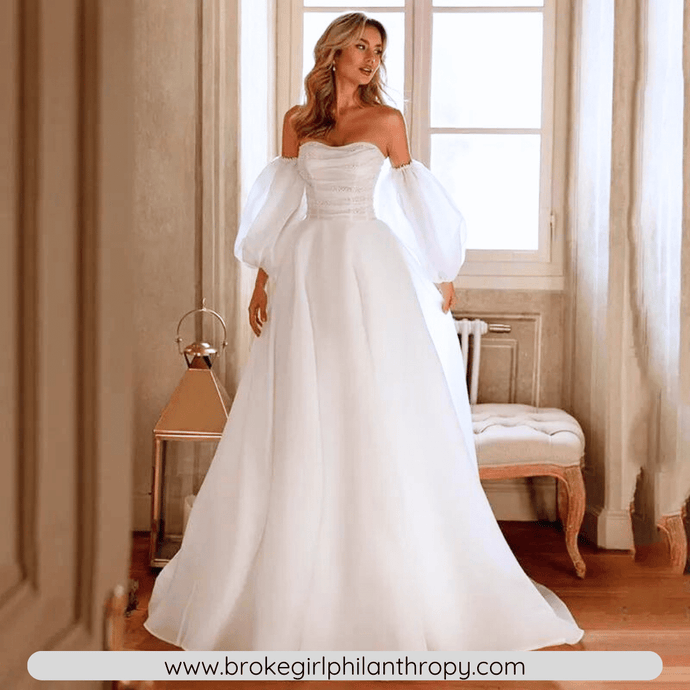 Strapless A Line Bridal Gown with Detachable Puff Sleeves Broke Girl Philanthropy