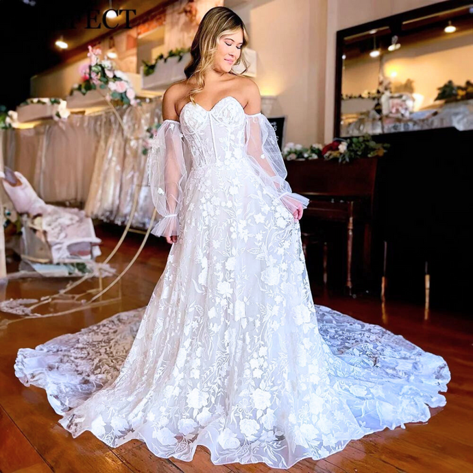 Lace Wedding Dress-Sweetheart Lace Puff Sleeve Wedding Dress | Wedding Dresses