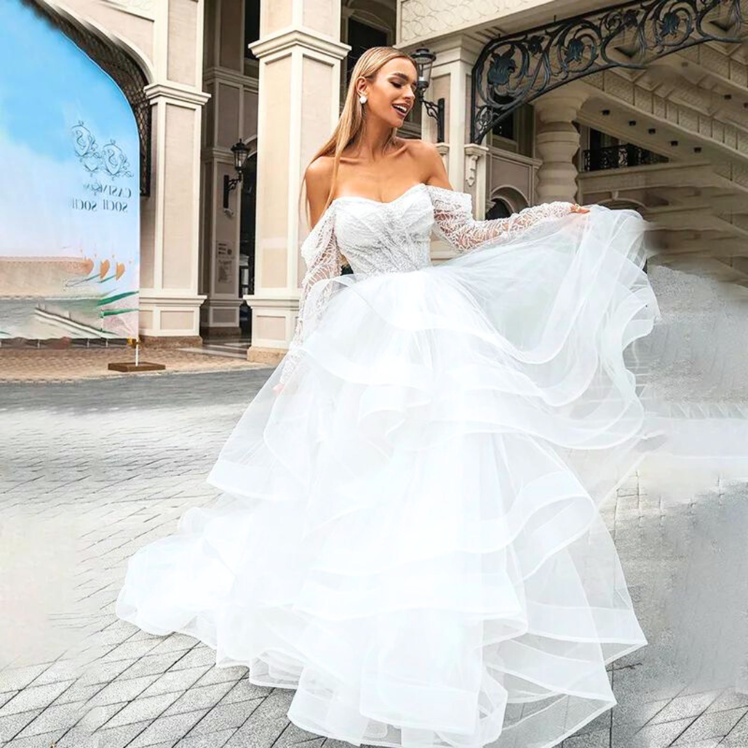 Sweetheart Puff Sleeve Wedding Dress in Off Shoulder Design