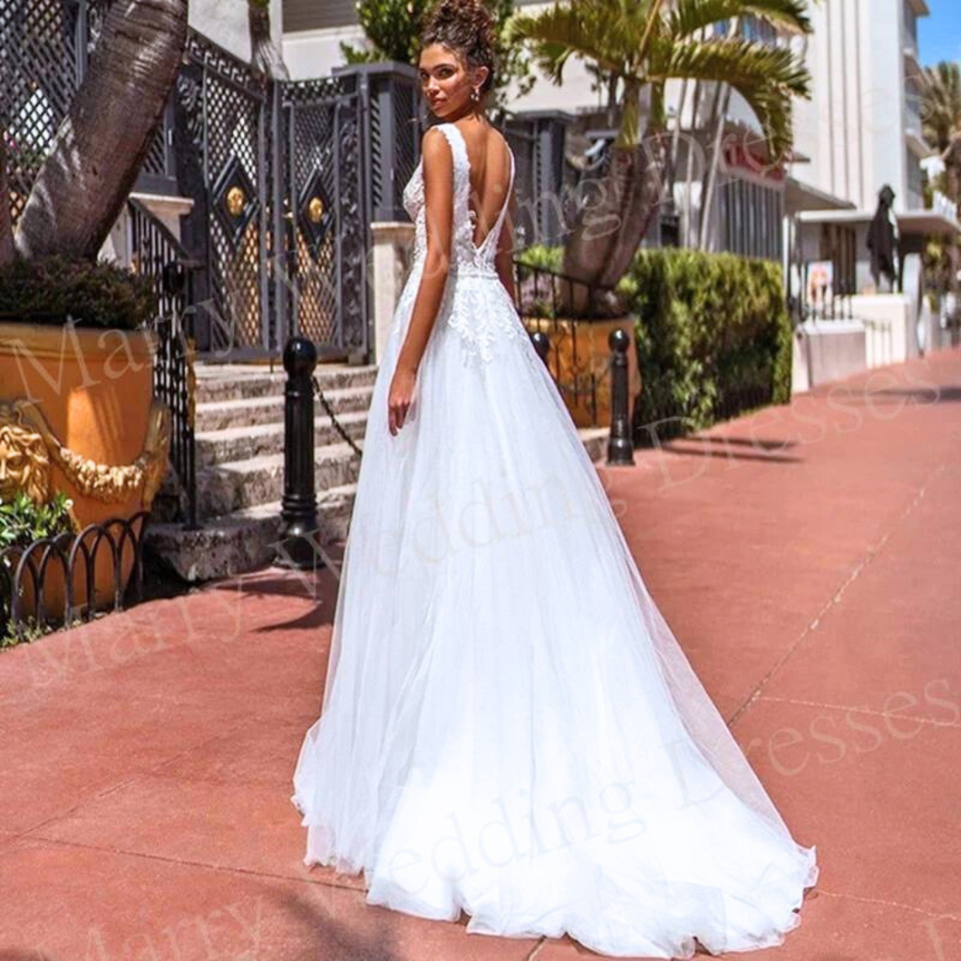 Sexy Lace Wedding Dress | Deep V Neck Backless Bridal Gown