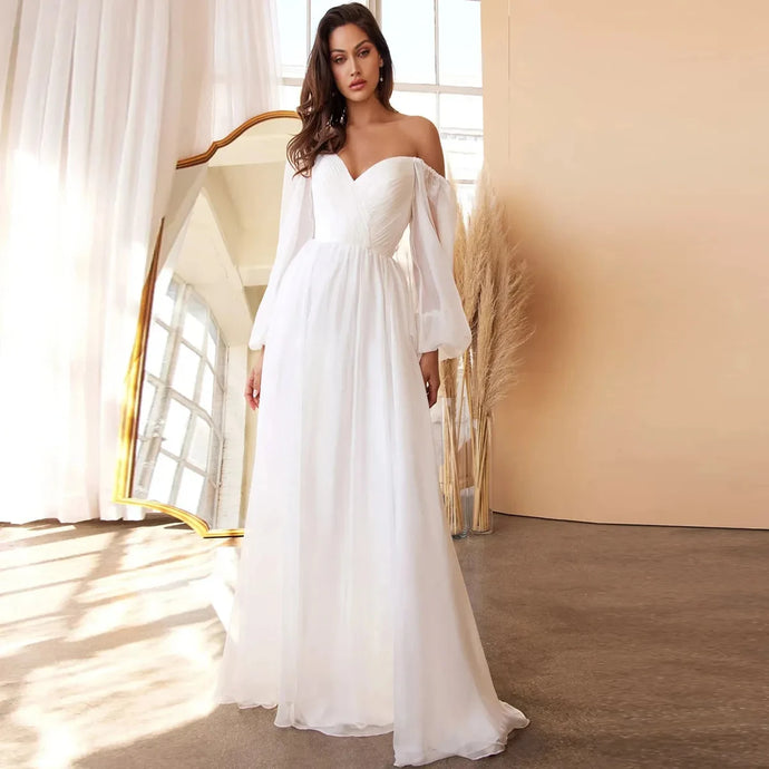 A Line Wedding Dress-V-Neck Off Shoulder Bridal Gown | Wedding Dresses