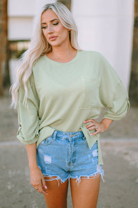 Oversized Top | Green Ribbed Roll-Tab Sleeve Chest Pocket