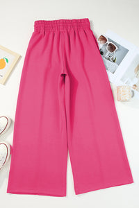 Rose Red Terry Knit Drawstring Smocked Waist Wide Leg Sweatpants | Bottoms/Pants & Culotte