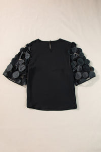 Half Sleeve Blouse | Black Contrast Applique Mesh Top