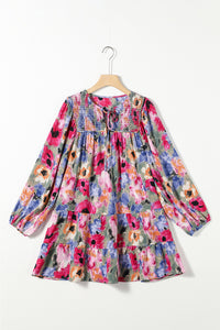 Multicolour Floral Tie Neck Bubble Sleeve Shift Dress | Dresses/Floral Dresses