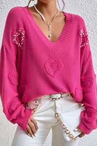 Rose Red Fuzzy Hearts V Neck Sweater