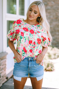 V Neck Blouse | Red Floral Print Ruffled Short Sleeve