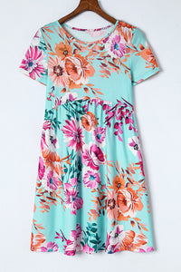 Sky Blue Short Sleeve High Waist Floral T-shirt Dress | Dresses/T Shirt Dresses