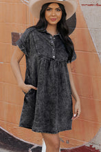 Load image into Gallery viewer, Denim Dress | Black Acid Wash Button Front Short Sleeve
