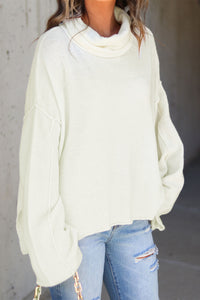 White Expose Seam Turtle Neck Side Slit Oversized Sweater | Tops/Sweaters & Cardigans