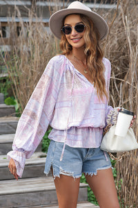 Purple Mixed Print Split Neck Ruffle Bubble Sleeve Blouse | Tops/Blouses & Shirts