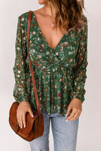 Load image into Gallery viewer, Green Floral Print Wrap V Neck Peplum Top | Tops/Blouses &amp; Shirts
