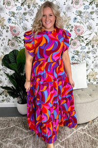 Multicolour Plus Abstract Print Ruffled Mock Neck Tiered Maxi Dress | Plus Size/Plus Size Dresses/Plus Size Maxi Dresses