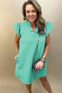 Mini Dress | Sea Green Textured Puff Sleeve Ruffled V Neck