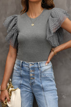 Load image into Gallery viewer, Ruffle Sleeve Top | Gray Dotty Mesh Ribbed Knit Top
