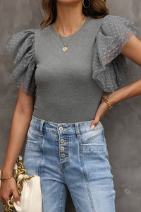 Ruffle Sleeve Top | Gray Dotty Mesh Ribbed Knit Top