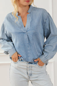 Sky Blue Split V-Neck Balloon Sleeve Ruched Denim Top | Tops/Blouses & Shirts