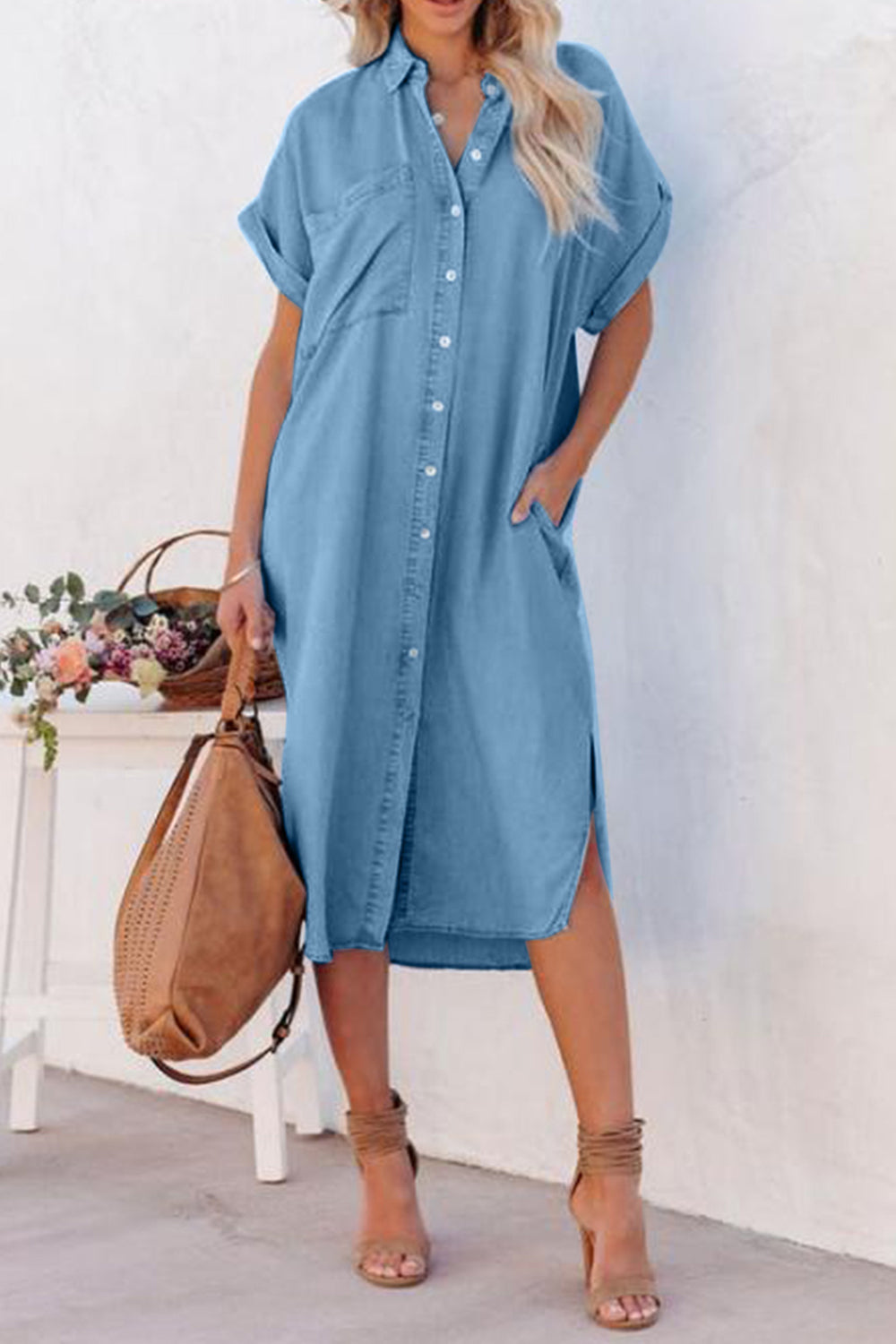 Womens Denim Dress | Slit Button Up Short Sleeve Denim Dress