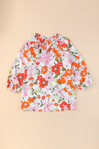 Orange Blooming Flowers Frill Trim Puff Sleeve Blouse | Tops/Blouses & Shirts