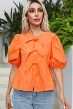 Load image into Gallery viewer, Grapefruit Orange Knotted Puff Short Sleeve Peplum Blouse | Tops/Blouses &amp; Shirts
