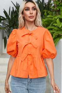 Grapefruit Orange Knotted Puff Short Sleeve Peplum Blouse | Tops/Blouses & Shirts