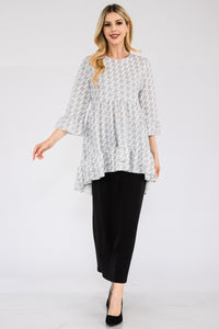 High-Low Top | Full Size Hounds-Tooth Flounce Sleeve