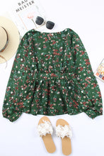 Load image into Gallery viewer, Green Floral Print Wrap V Neck Peplum Top | Tops/Blouses &amp; Shirts
