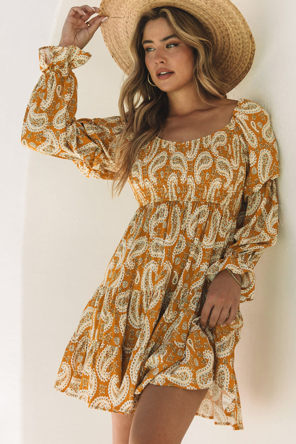 Yellow Boho Paisley Long Sleeve Floral Dress | Dresses/Floral Dresses