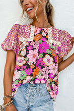 Load image into Gallery viewer, Floral Print Blouse | Rose Red Bubble Sleeve Lace Trim Print Top
