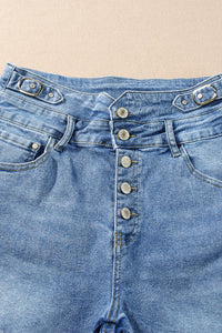 Dusk Blue Button Fly High Waist Roll Edge Denim Shorts | Bottoms/Denim Shorts