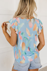 Cap Sleeve Top | Sky Blue Splotches Pattern Ruffled Shift Top