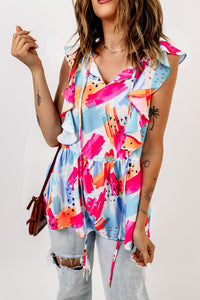 Multicolor Abstract Print V Neck Ruffled Tank | Tops/Tank Tops