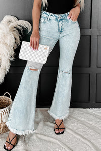 Sky Blue Distressed Acid Wash Flare Jeans | Bottoms/Jeans