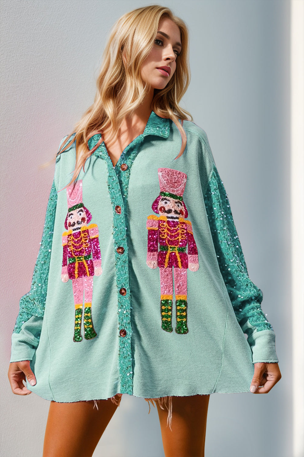 Double Take Sequin Nutcracker Button Up Shirt