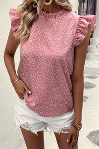 Pink Polka Dots Ruffle Flutter Sleeve Frilled Neck Blouse | Tops/Blouses & Shirts