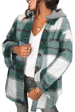 Load image into Gallery viewer, Green Hooded Plaid Button Front Shacket
