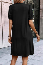 Load image into Gallery viewer, Black Notched Neck Pleated Puff Sleeve Shift T-shirt Dress | Dresses/T Shirt Dresses
