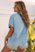 Load image into Gallery viewer, Sky Blue Split V Neck Oversized Denim Blouse | Tops/Blouses &amp; Shirts
