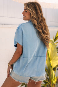 Sky Blue Split V Neck Oversized Denim Blouse | Tops/Blouses & Shirts